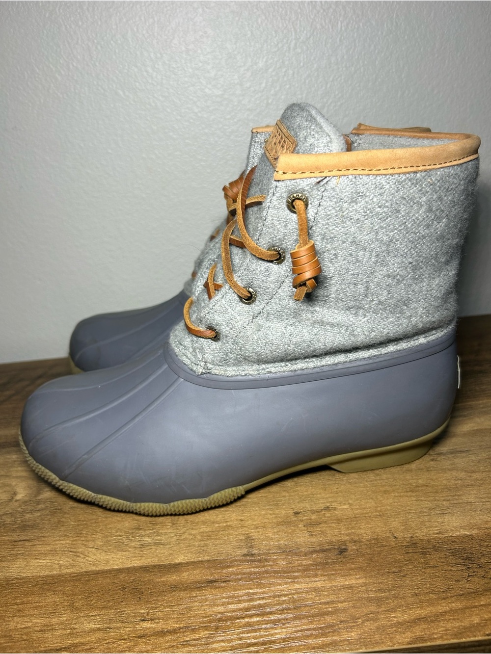Sperry Gray Duck Boots with Tan Leather Trim - Women's Winter Rain Boots - Picture 2 of 6